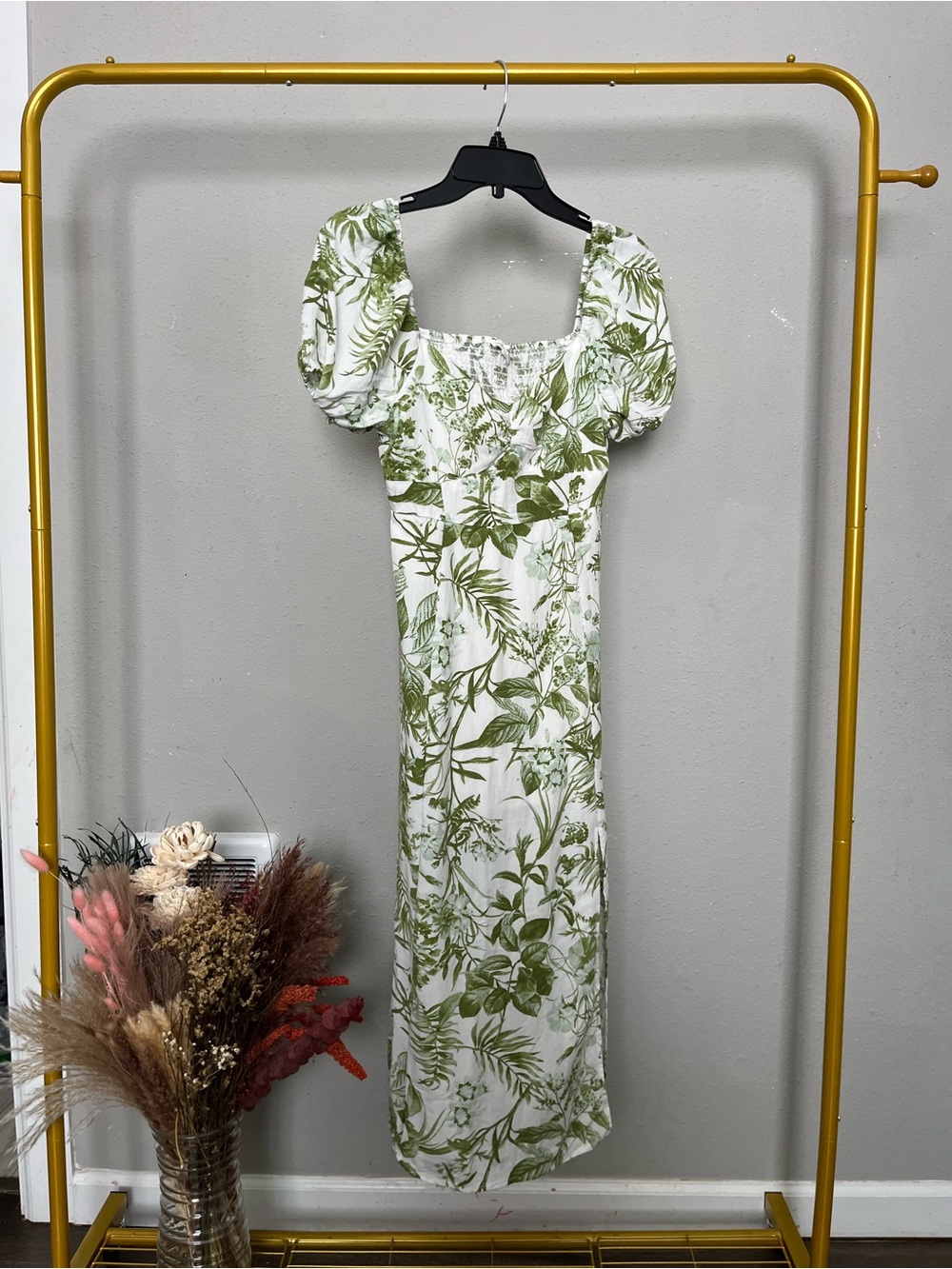 Blu Pepper White Maxi Dress with Green Botanical Print